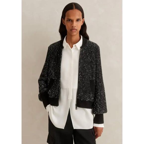 ME+EM Metallic Boucle Bomber Black Sparkly Knit Jacket Wool Cashmere Large - Picture 1 of 11